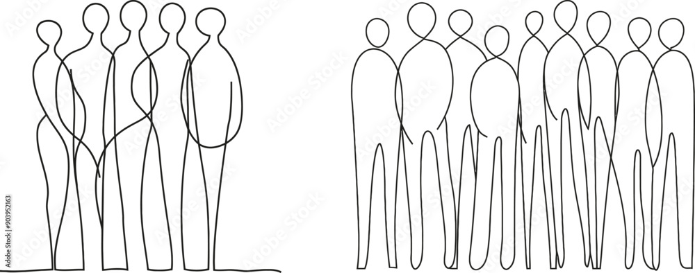 Poster Abstract art drawing of group of people hugging in continuous line style. Teamwork and friendship concept. Minimalist black linear design isolated on white background.