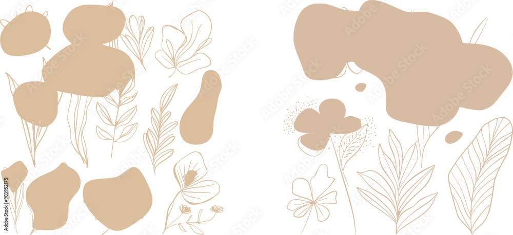 Poster leafy tropical plants with continuous line leaf shapes in pastel colors. modern minimal botanical fo