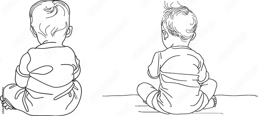 Aufkleber single illustration of a cute baby looking up at one line sketch on white background. character is a