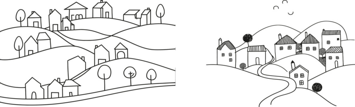 Drawing of a rural landscape using a continuous one line. Hand-drawn silhouette of a lake house in the woods. A panoramic sketch of country nature. Simple contour illustration of a village with
