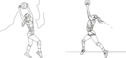 The drawing depicts a young female volleyball player in action on the court. The concept of a healthy competitive team sport in a modern illustration graphic is captured in a single continuous line.