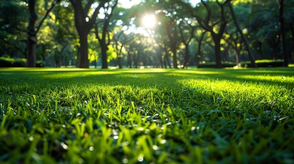 A sunlit park featuring lush green grass and tall trees with sunlight filtering through the branches, Ideal for themes related to nature, relaxation, outdoors, and parks,