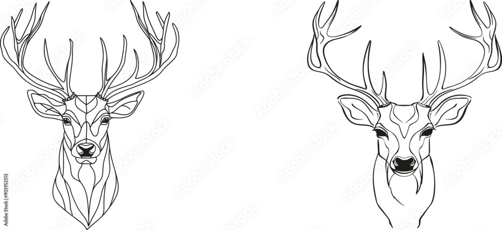 Poster Reindeer. Continuous one line drawing on white background. Hand drawn sketch minimalism design of Christmas animal symbol.