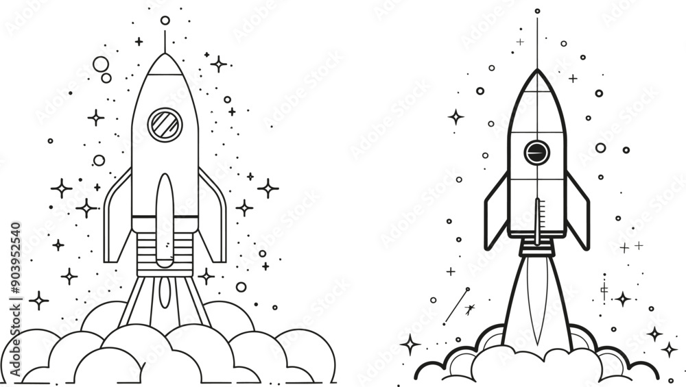 Poster rocket launch fly into the sky universe. retro spacecraft rocketship concept. trendy one line draw d