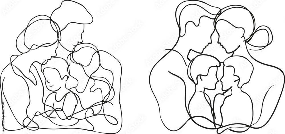 Poster drawing of a group of people in continuous one-line form, in different ages. family portrait and fri