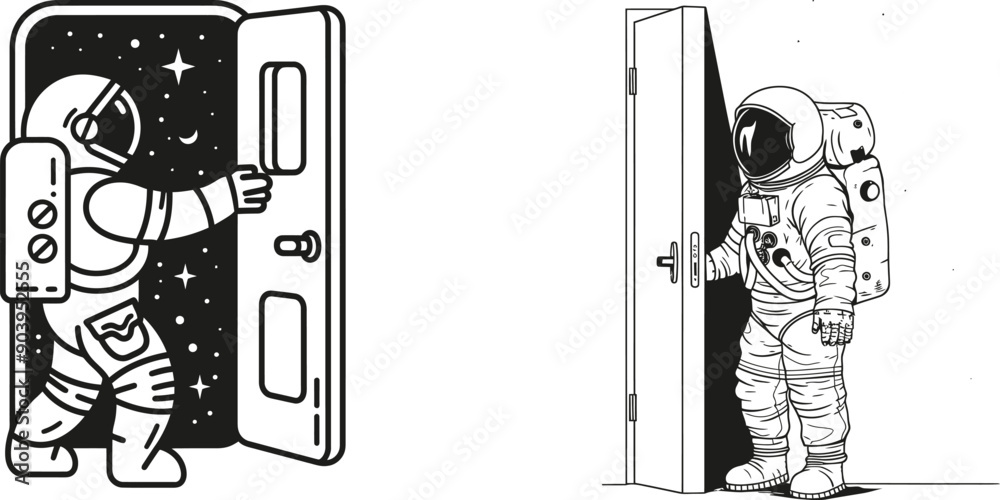 Aufkleber an astronaut entering the new dimension of the moon surface through the open door gate. a modern ill
