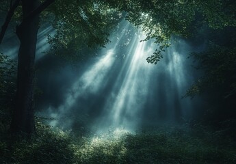 A mystical forest scene where the fog creates an almost dreamlike quality, with beams of sunlight filtering through the mist