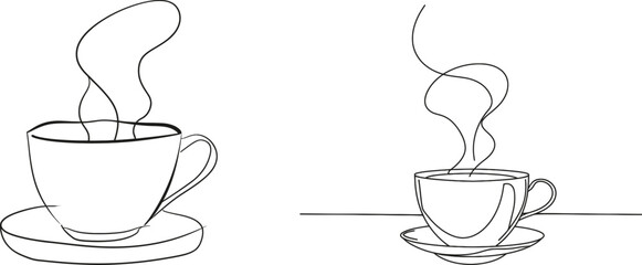 Continuous one line drawing of a cup of coffee with steam Modern minimalist linear illustration made of thin lines