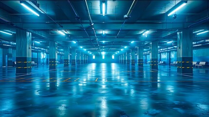 An empty underground parking garage with bright fluorescent lighting creates a futuristic atmosphere, making it ideal for urban, sci-fi, or security-themed projects,