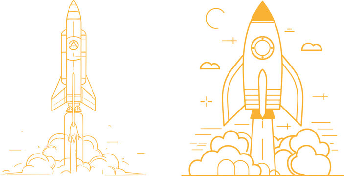 Drawing of a simple retro spacecraft flying up to a nebula in outer space. Rocket ship launch into universe concept. Modern graphic design in a single line.