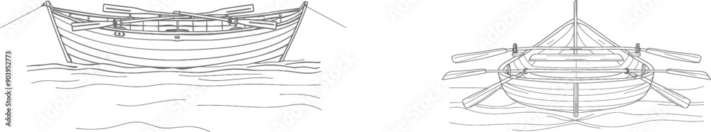 Poster rowing boat with team members. continuous one-line drawing.