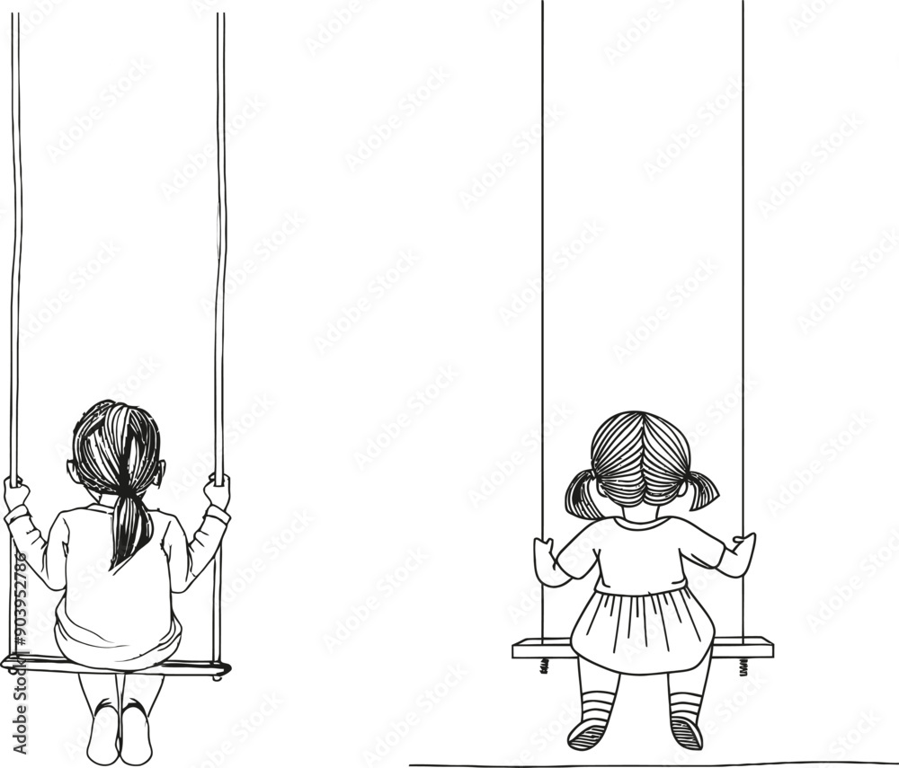 Fototapete Modern illustration of child on swing in continuous line art style. Black linear sketch isolated on white background.