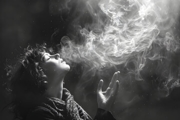 Fototapeta premium Foto de mujer en blanco y negro con humo en el ambiente. Generado con IA.