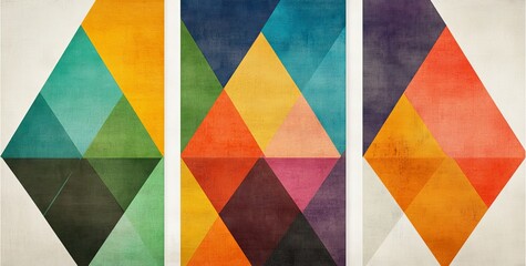 An abstract geometric art canvas set with dark orange and turquoise colors. Vintage poster design. Illustration.