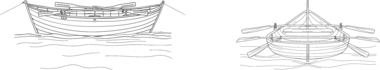 Rowing boat with team members. Continuous one-line drawing.