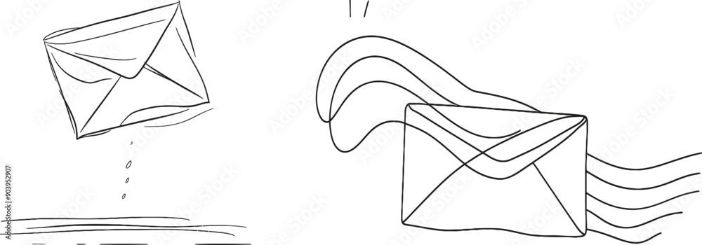 Poster email message post letter send illustration sketch outline drawing. black and white monochrome conti