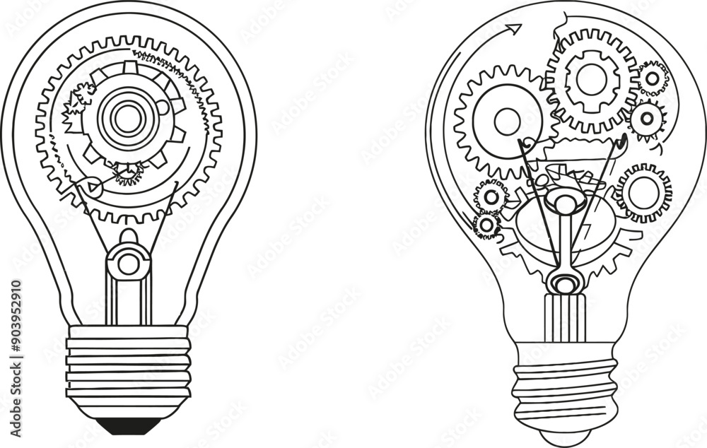 Poster Drawing of a lightbulb with a gear wheel inside for a machine company logo identity. Trendy modern continuous line design illustration.