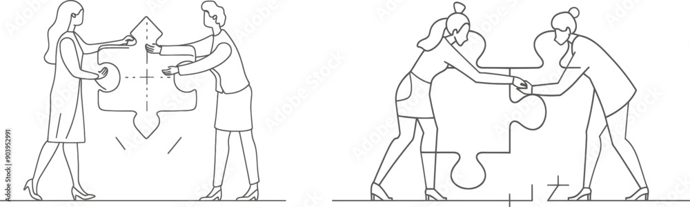 Aufkleber In one continuous line drawing, two young female managers push a puzzle to build up an arrow building. A metaphor to represent teamwork. Minimalist concept you can draw in one line.