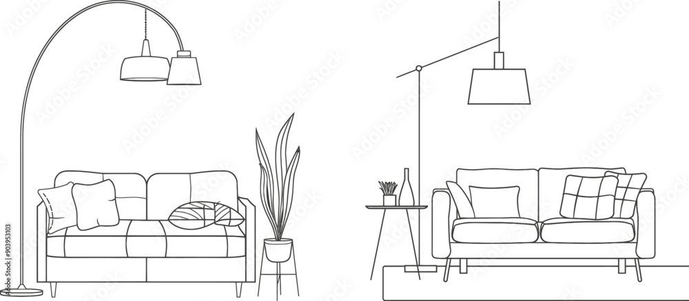 Poster Line drawing of a continuous single drawn line sofa with a lampshade. Hand-drawn silhouette. Drawing. Continuous single drawn line drawing house interior living room.