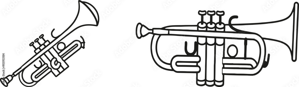 Aufkleber This is a continuous one line drawing of a trumpet instrument. The design is simple and monoline.