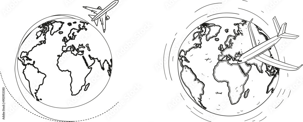 Aufkleber traveling airplane flying around the globe using a continuous line drawing. simple modern illustrati