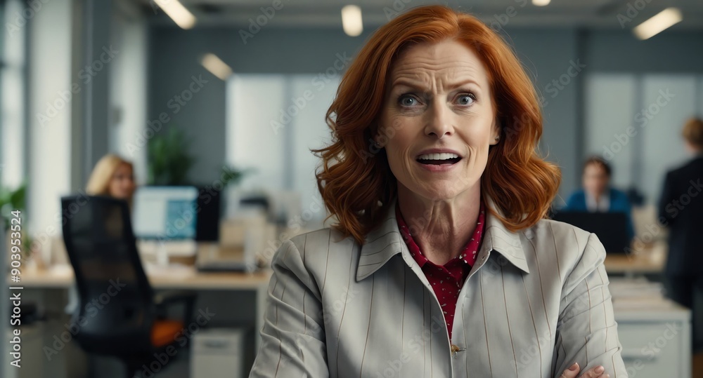 Poster redhead middleaged woman office background looking happy amazed surpised wow shocked expression with