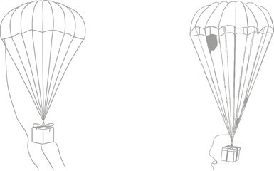 Obraz premium A single continuous line drawing of a box package flying through the sky using a parachute. Online delivery service concept. Package delivery concept. Modern one-line illustration with dynamic