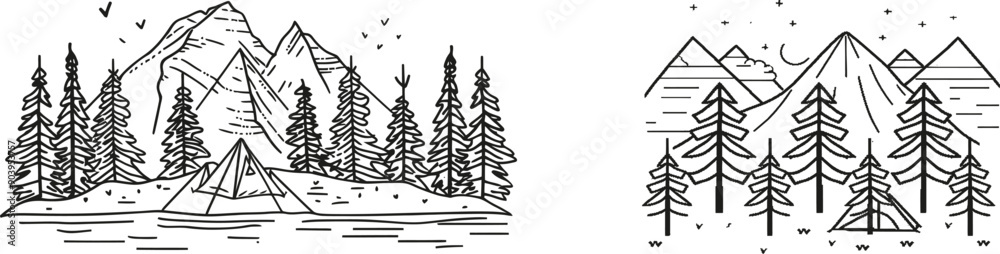 Aufkleber an illustration of a tourist campsite produced in line art style. a summer camp in the forest. a bla
