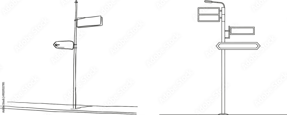 Fototapete Signpost with continuous line art drawing style. The signpost points in the direction of travel. Isolated on white background. Modern illustration.