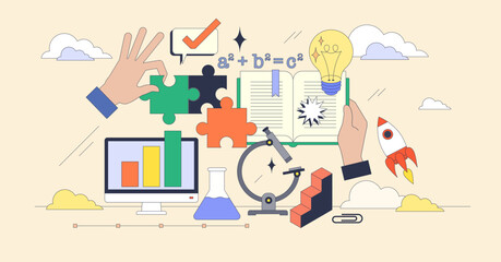 Fototapeta premium Educational STEM and practical learning tiny person neubrutalism concept. Science, mathematics, engineering and chemistry combination for research knowledge and analysis skills vector illustration.