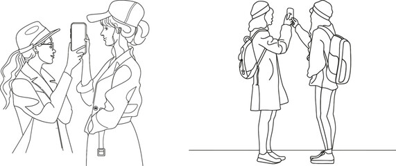 In this single one-line drawing, a brunette haircuts hair tips of a female customer in a beauty salon. Hair style concept illustration. Modern graphic design using continuous lines.