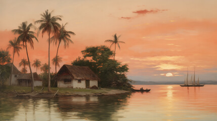 Fototapeta premium Tropical beach at sunset with sailing boats and palms in impressionist style