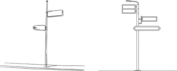 Obraz premium Signpost with continuous line art drawing style. The signpost points in the direction of travel. Isolated on white background. Modern illustration.