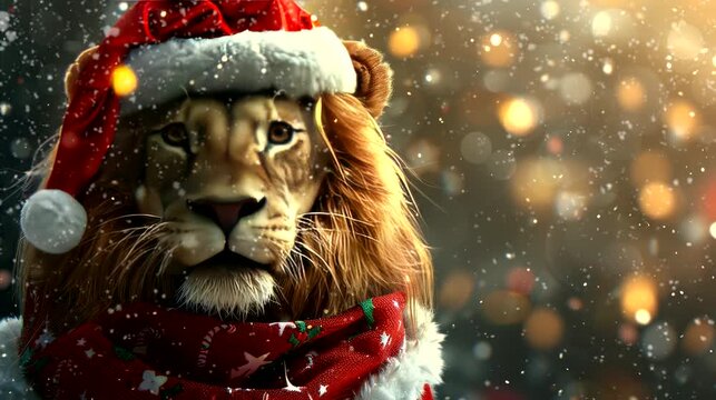 a festive wallpaper featuring cute lion dressed in Santa hats and scarves, christmas decoration tree. seamless looping time-lapse virtual 4k video animation background