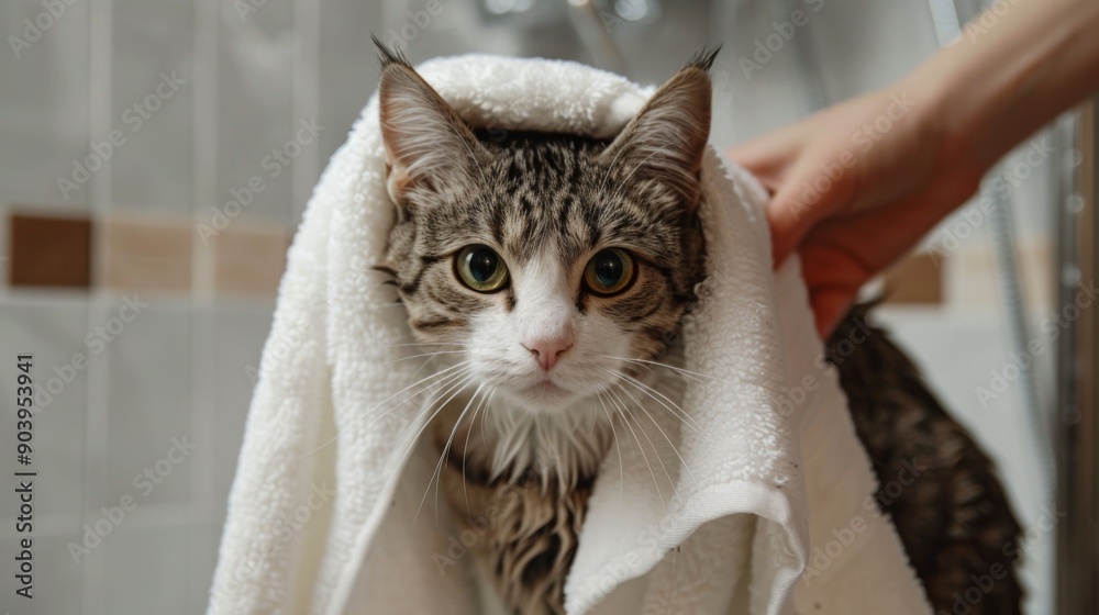 Poster a person drying a cat with a towel after a shower, with the cat looking content.