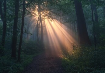 Fototapeta premium A mystical forest scene where the fog creates an almost dreamlike quality, with beams of sunlight filtering through the mist