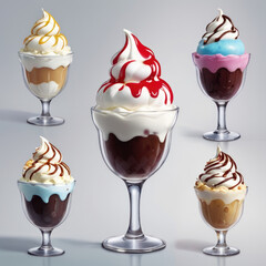 Five colorful milkshakes with whipped cream and sprinkles standing in a row