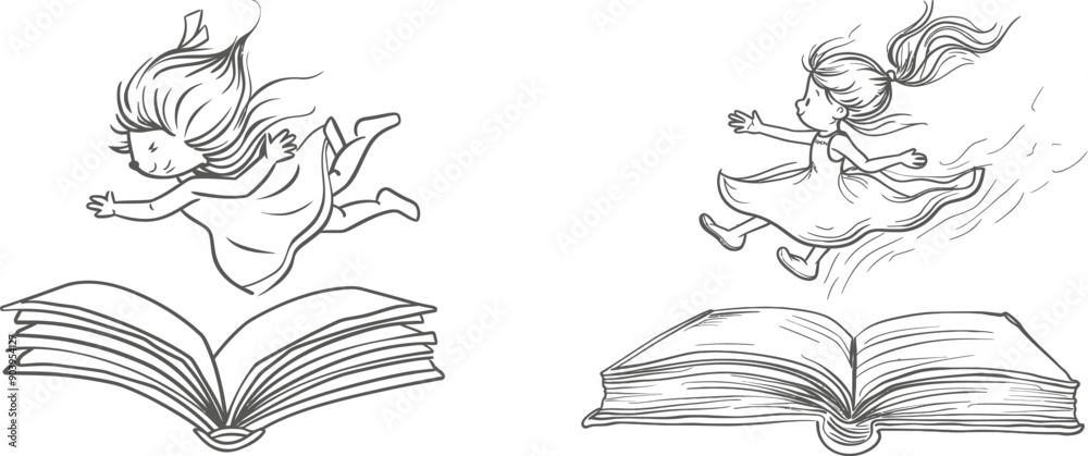 Poster The image shows a single continuous line drawing showing a young student flying on a magic book. Happy kids are flying on the book. The illustration represents the power of knowledge.