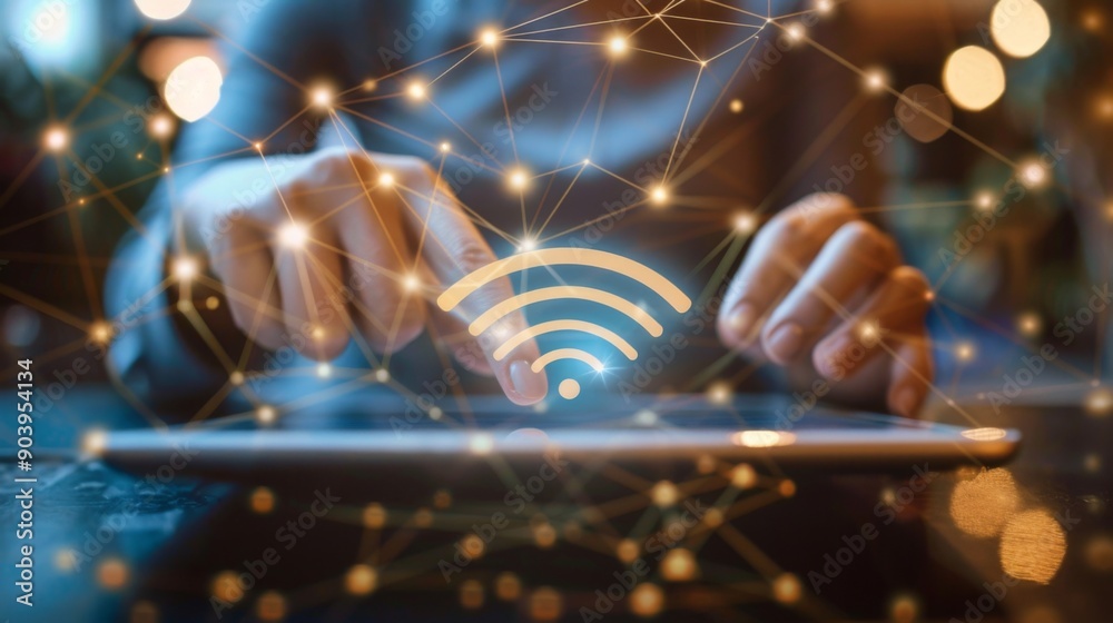 Aufkleber A person using a tablet with a wireless connection symbol overlaying the screen.