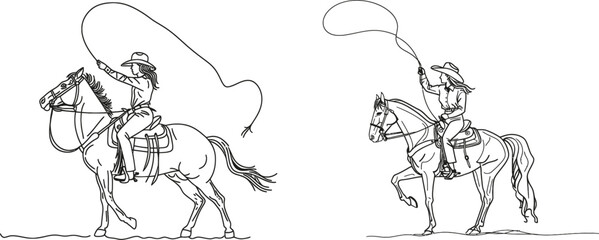 Fototapeta premium Single line illustration of cowboy riding horse and throwing rope lasso. Cowboy on bucking horse running with lasso in continuous line design.