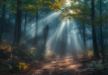 Obraz premium A mystical forest scene where the fog creates an almost dreamlike quality, with beams of sunlight filtering through the mist