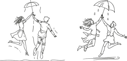 Couple walking under rain with umbrellas. Married couple romantic relationship in one line. Single line drawing design.