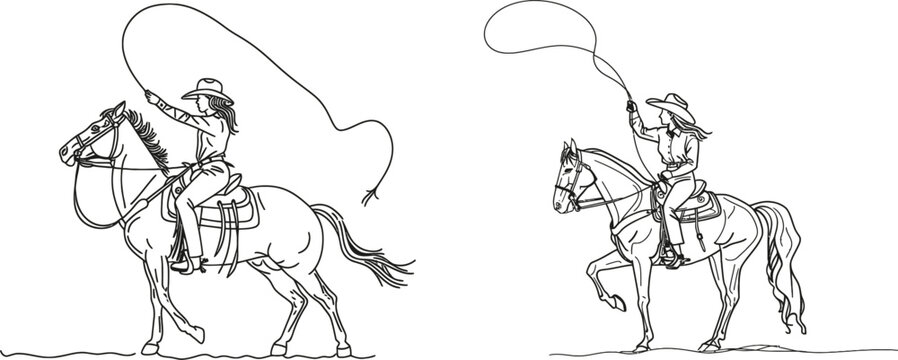 Single line illustration of cowboy riding horse and throwing rope lasso. Cowboy on bucking horse running with lasso in continuous line design.