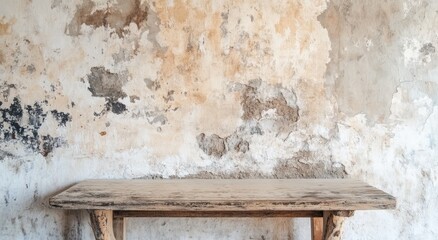 An empty old wooden table stands in front of a colorfully painted wall.