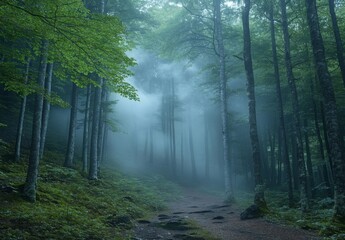Fototapeta premium A tranquil forest with morning fog gently enveloping the trees, casting a soft, diffused light over the landscape