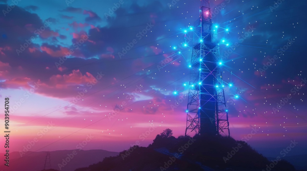 Poster a signal tower glowing with blue lights against a twilight sky, symbolizing connectivity.