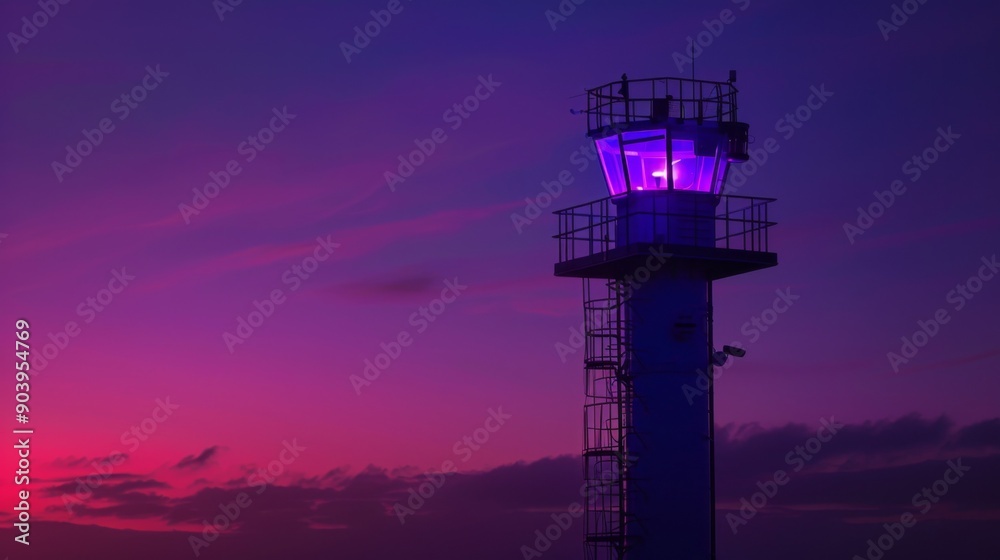 Poster a signal tower illuminated by soft purple lights, blending into the dusk.