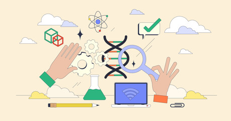 STEM classes with science and math education tiny person neubrutalism concept. Engineering, mathematics and physics learning for smart students vector illustration. Curiosity experiments in school.
