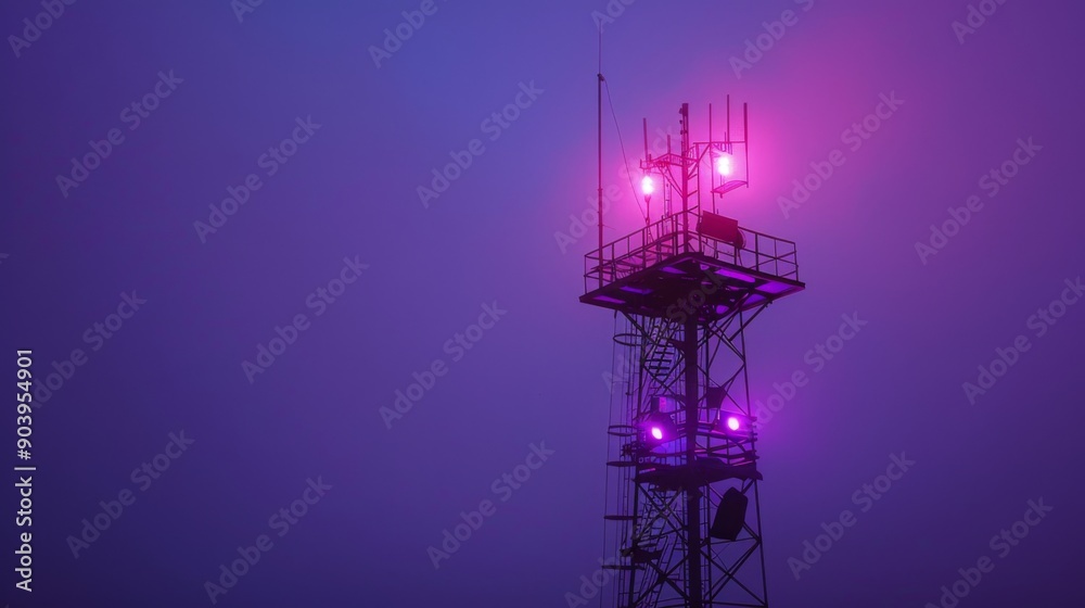 Poster a signal tower illuminated by soft purple lights, blending into the dusk.
