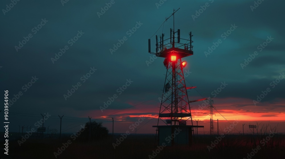 Poster a signal tower with a mix of cool and warm lights, blending harmoniously with the dusk.